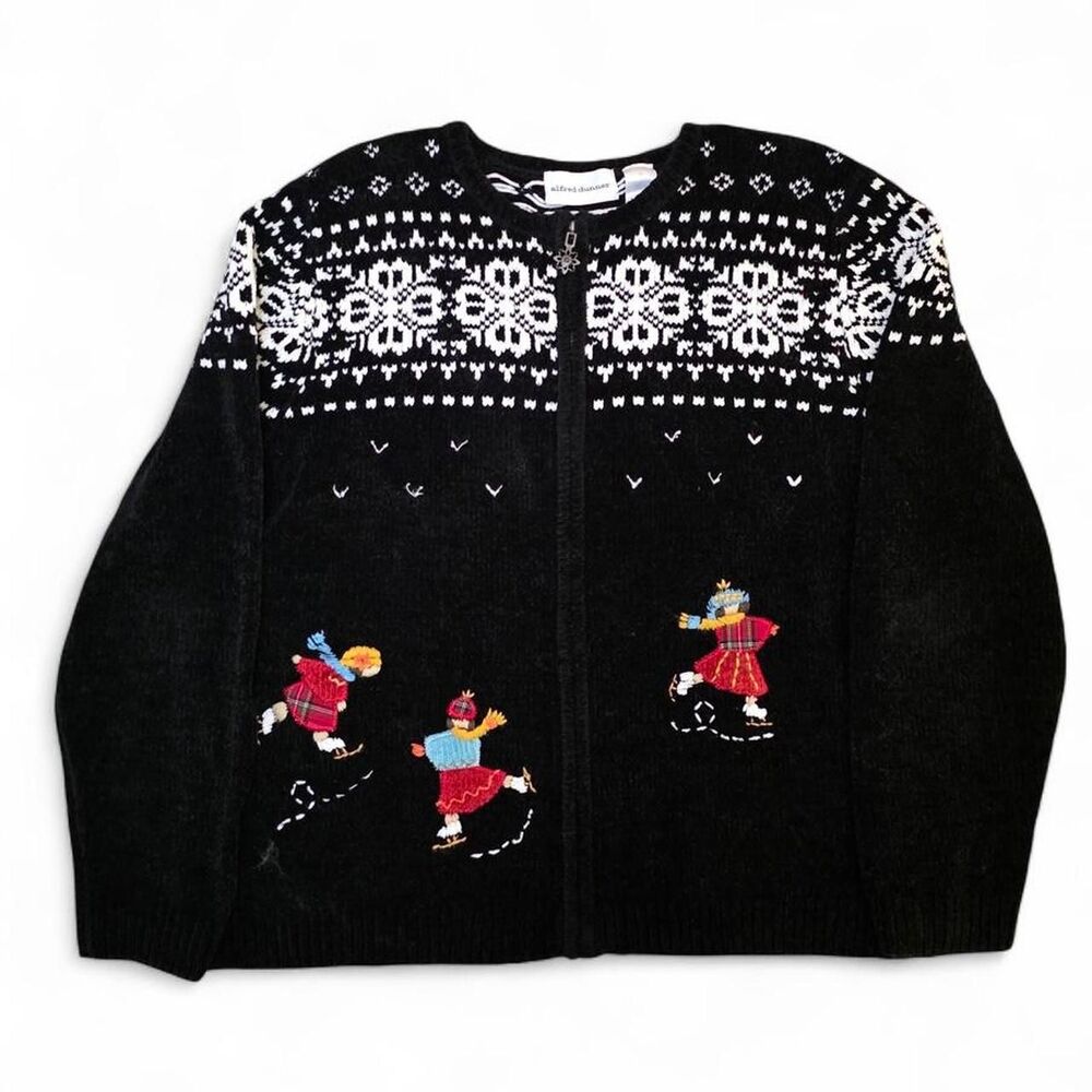 90s Christmas Holiday Sweater Fair Isle Large Embroidered Zip Cardigan